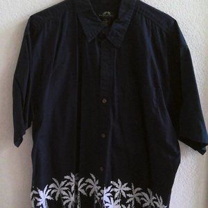 Navy blue with floral print, short sleeve, casual button down